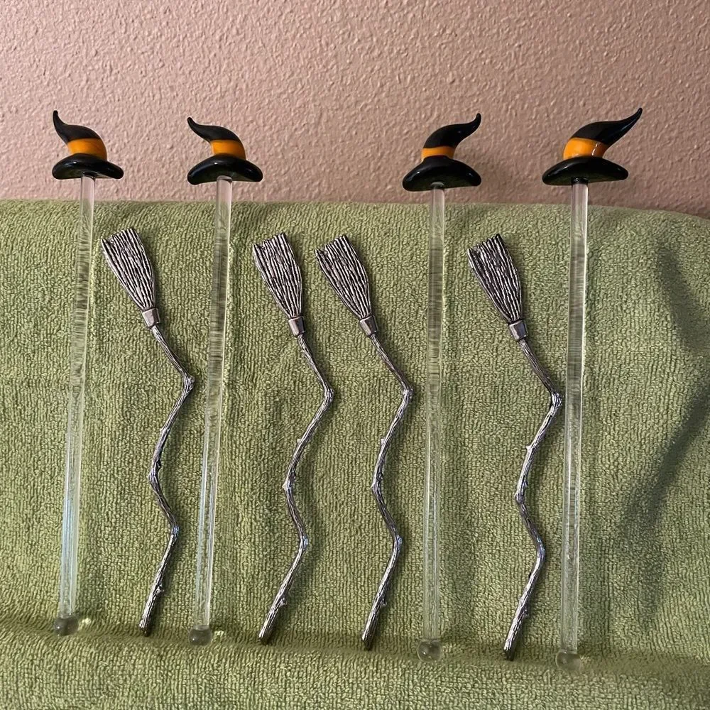 Blown Glass Witch Hat Stir Sticks Metal Broom Stir Sticks lot of 8!